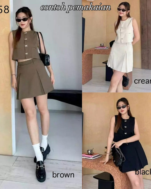 Women Casual Sleeveless Vest With Mini Pleated Skirts